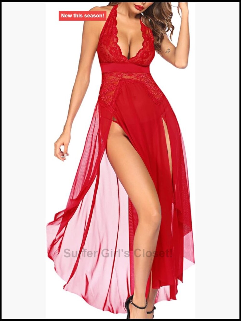 Avidlove Lace Mesh Deep V Nightgown Dress Sleeveless Sheer Exotic Lingerie